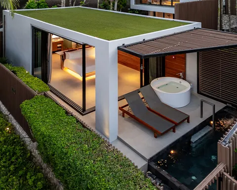 Aerial view of a Studio Pool Villa and its private pool at Casa de La Flora