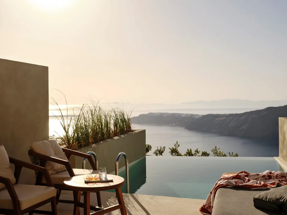 Private pool and terrace overlooking the Santorini caldera at Andronis Concept