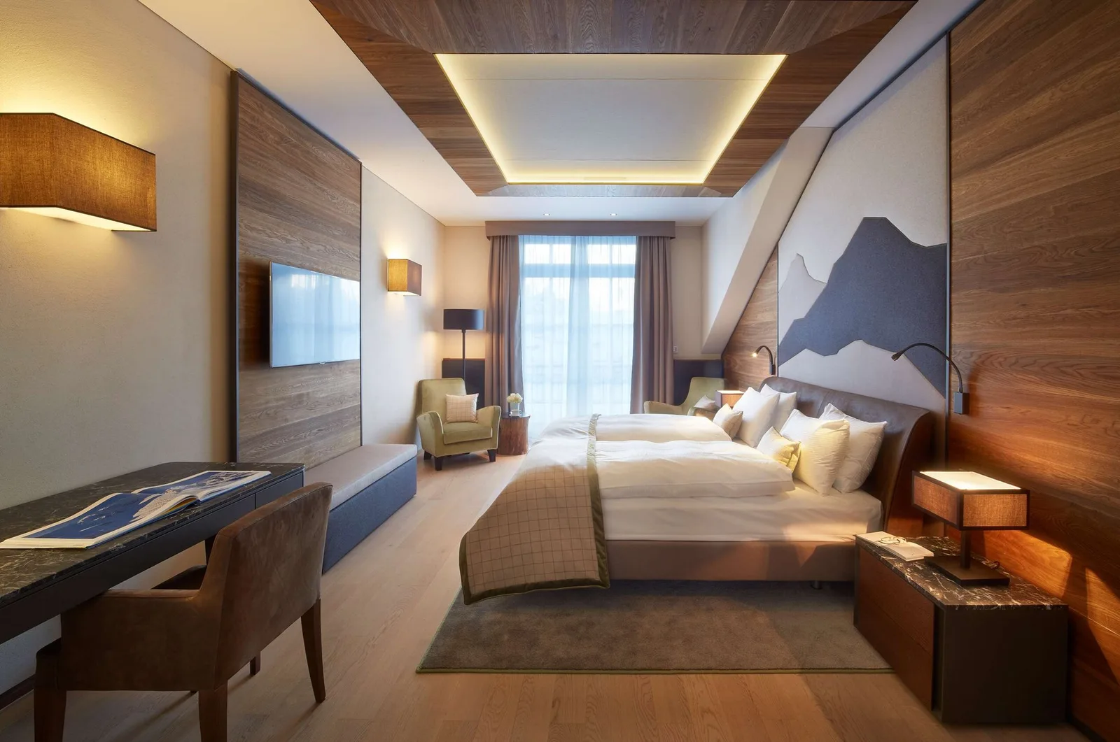 Alpine-inspired guestroom at Grand Hotel des Bains Kempinski St. Moritz