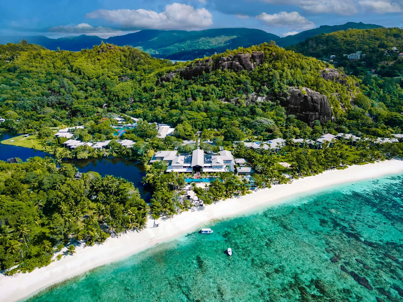 Aerial view of Kempinski Seychelles Resort beside Baie Lazare beach