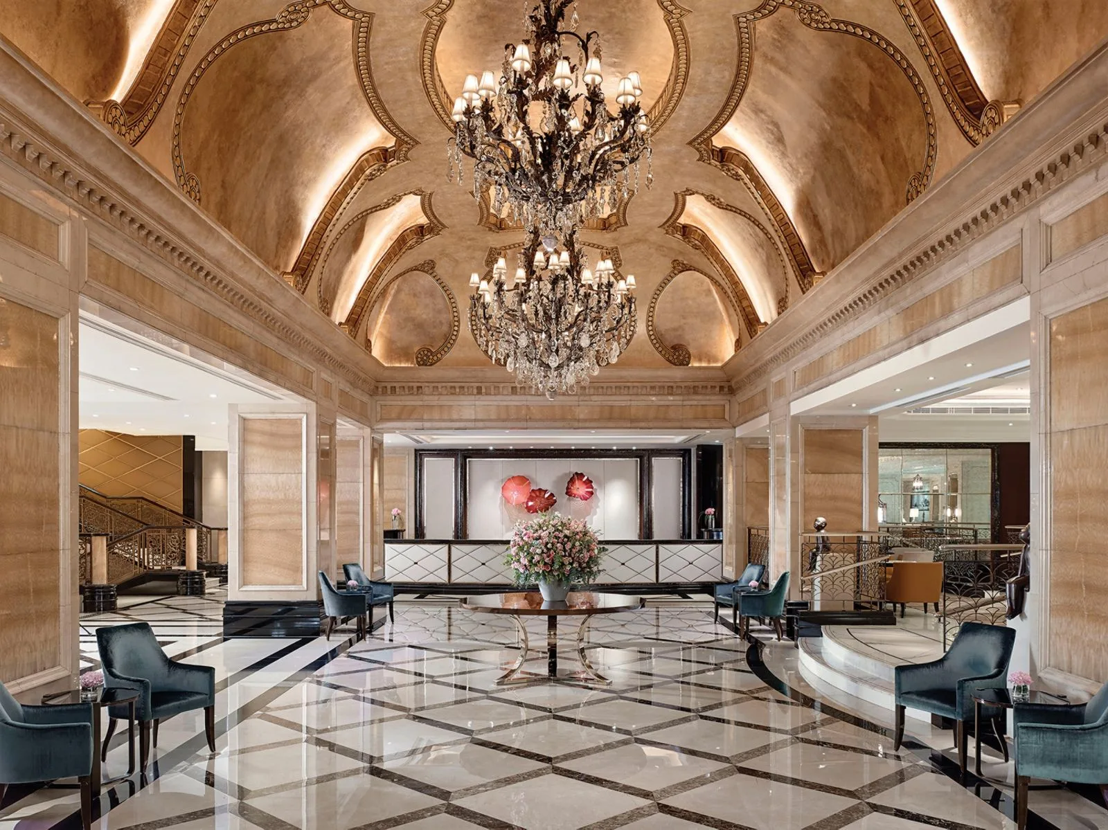 Chandelier-lit lobby at The Langham, Hong Kong