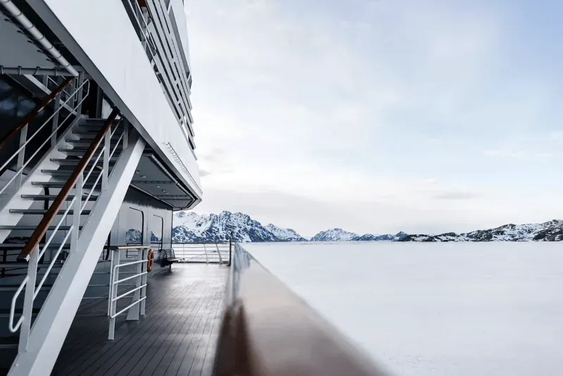 Deck of Le Commandant Charcot overlooking the Greenland coast