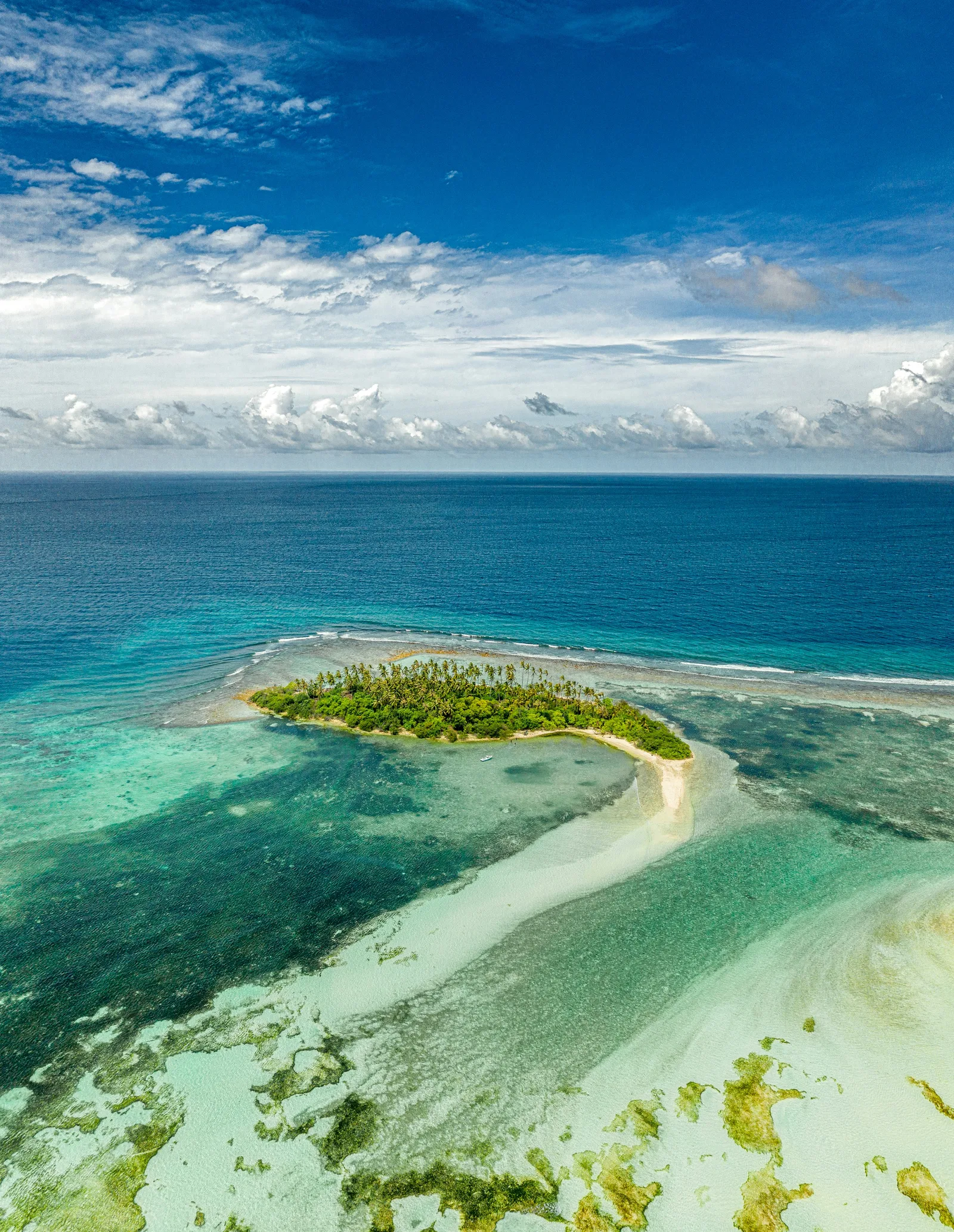 A small palm-covered island in the Maldives seen from above, its reef and a pale sandbar curling through turquoise shallows towards the open ocean.