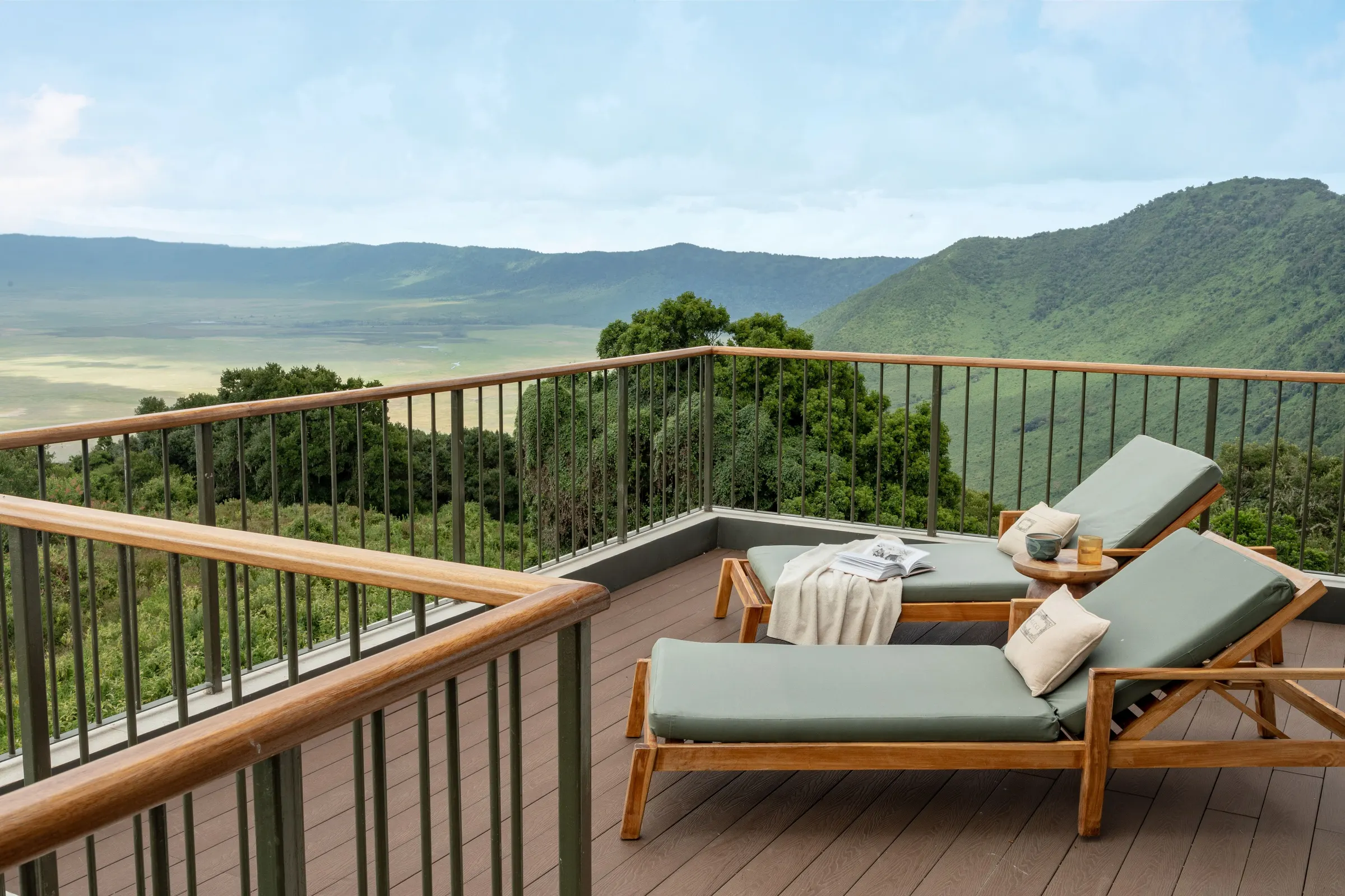 Lodge balcony with chairs overlooking the Ngorongoro Crater