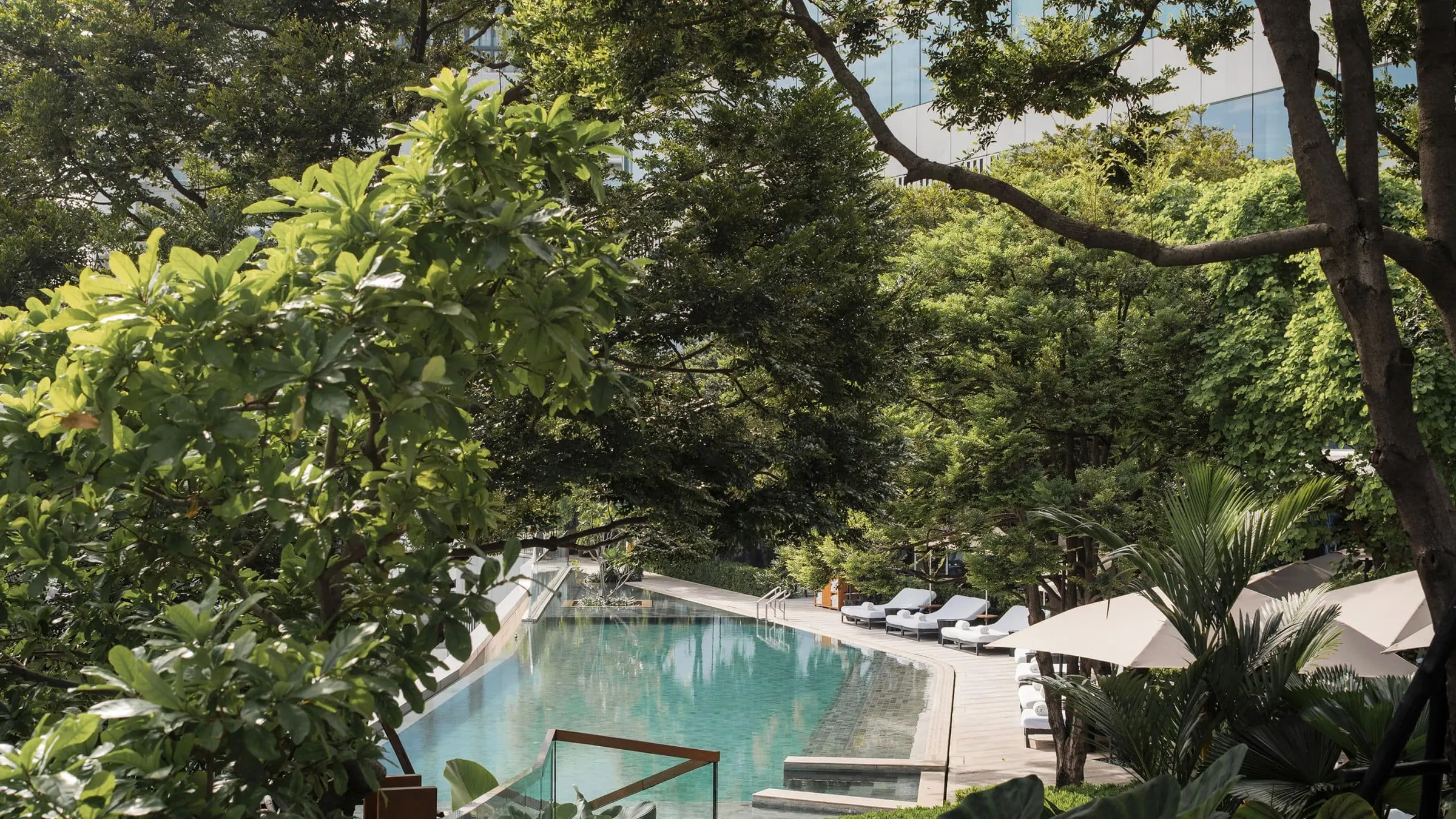 Terraced pool viewed from a cabana at Park Hyatt Bangkok