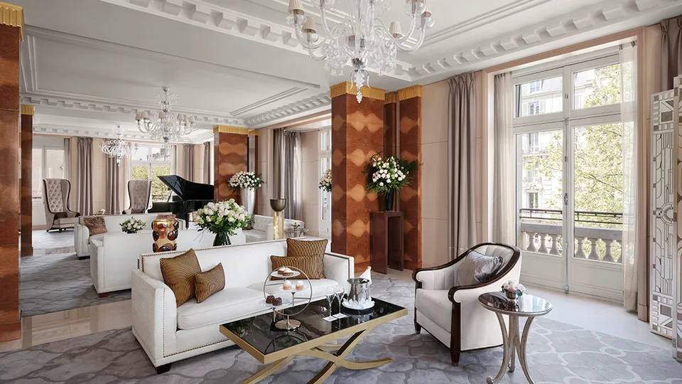Light-filled Peninsula Suite living room with a grand piano at The Peninsula Paris