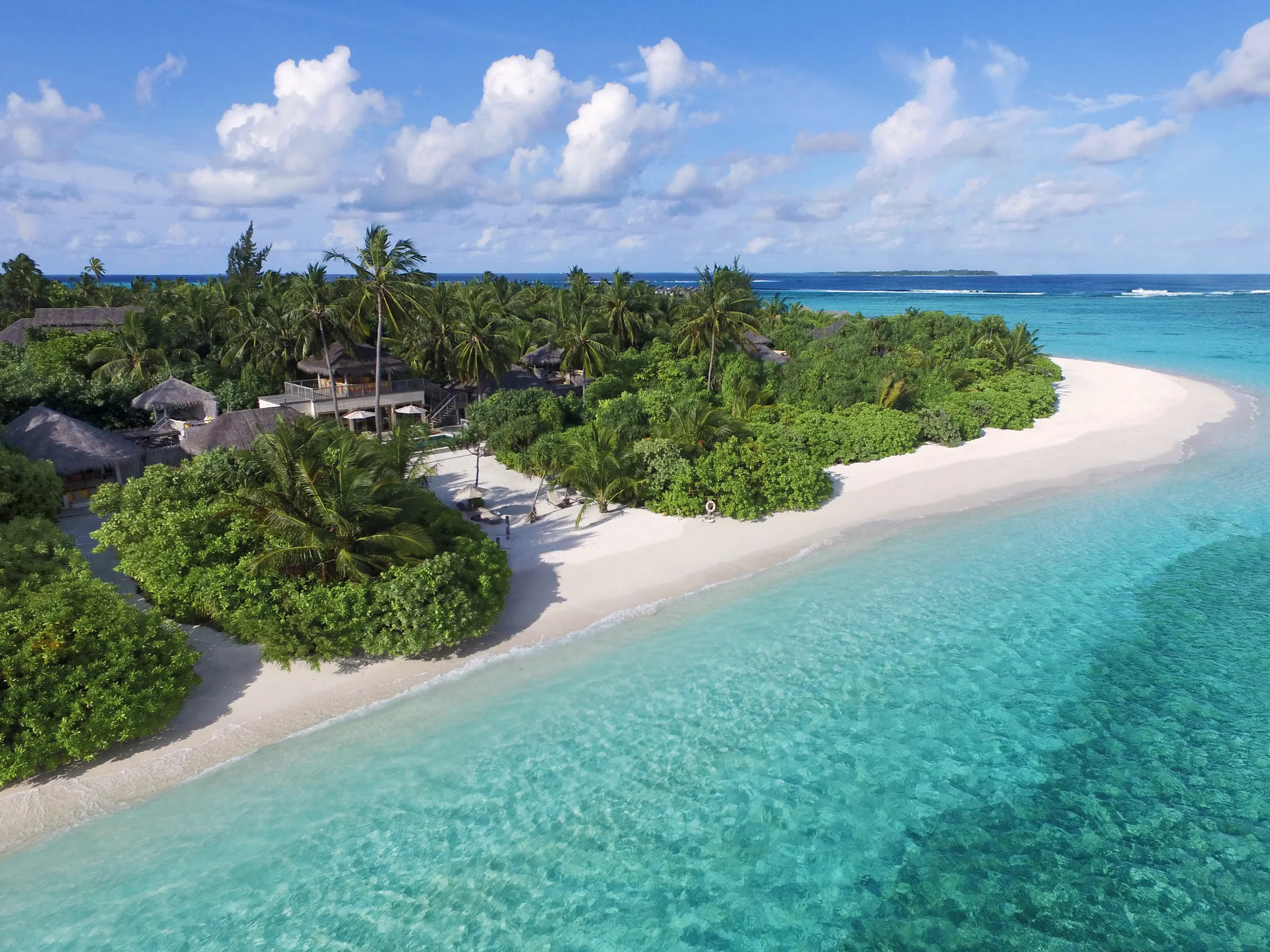 Aerial view of a Two Bedroom Ocean Beach Villa with Pool at Six Senses Laamu